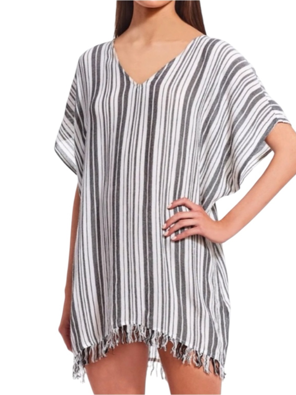 Billabong Striped V-Neck Fringe Swim Cover Up